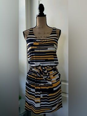 Worthington Bold Striped Sleeveless Mini Dress - Yellow Black White - Size M - G